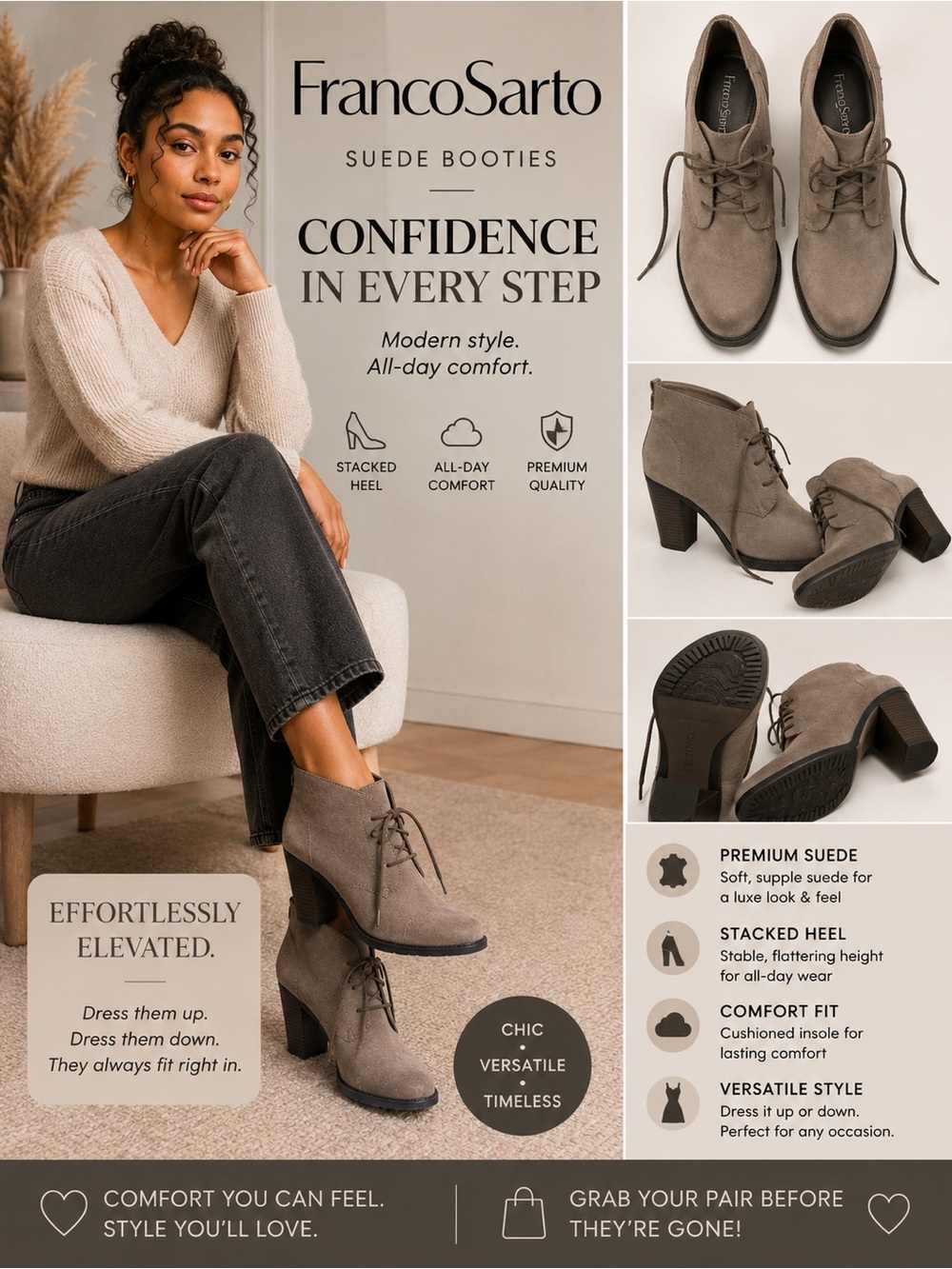 Franco Sarto Taupe Suede Lace-Up Ankle Booties